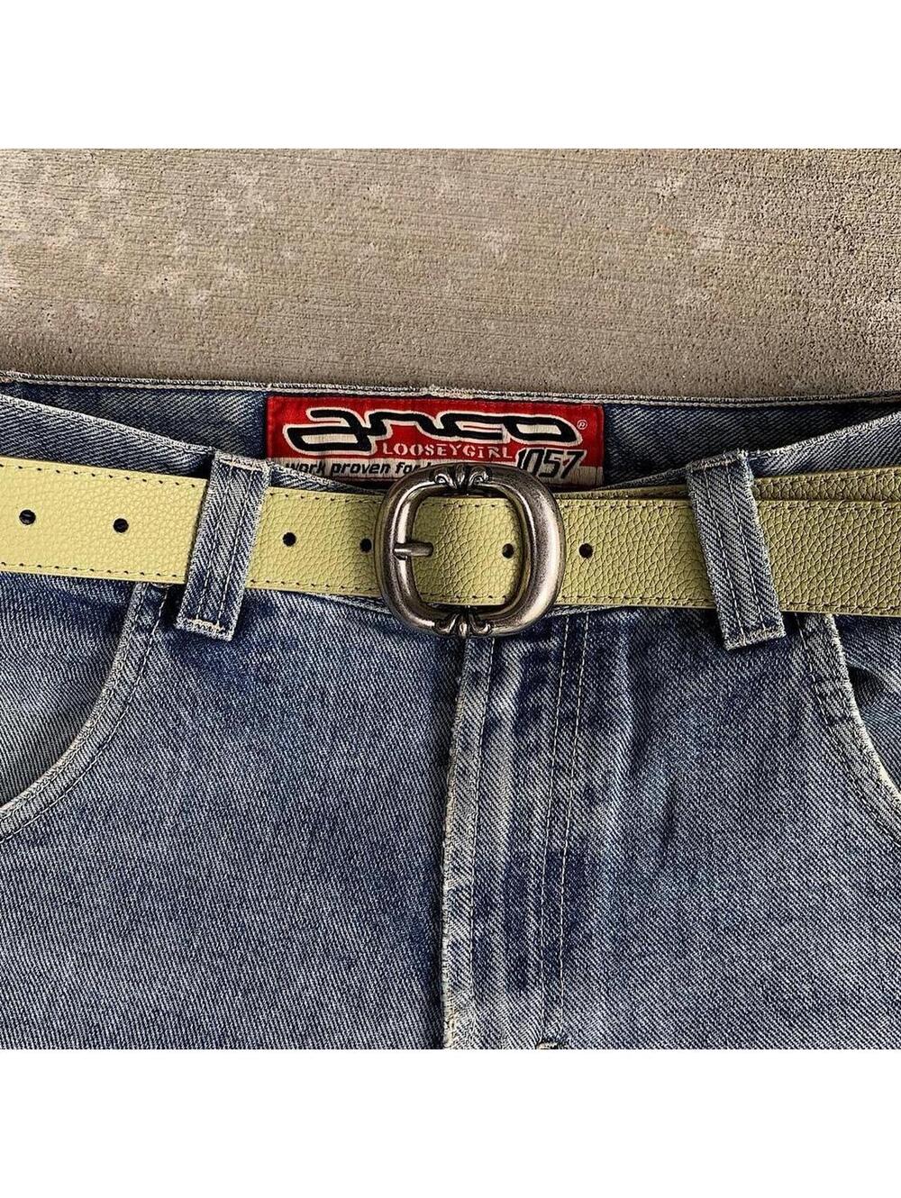 Y2k style Green leather belt with silver buckle. Nice simplistic style. 39 - Picture 8 of 8
